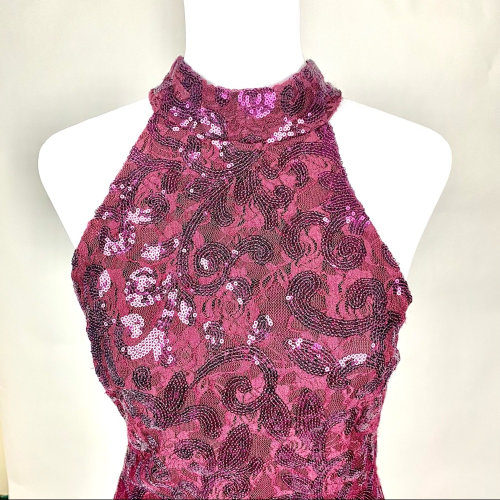 WINDSOR Sequin Embellished Halter Top Keyhole Back Long Prom Formal Gown Small